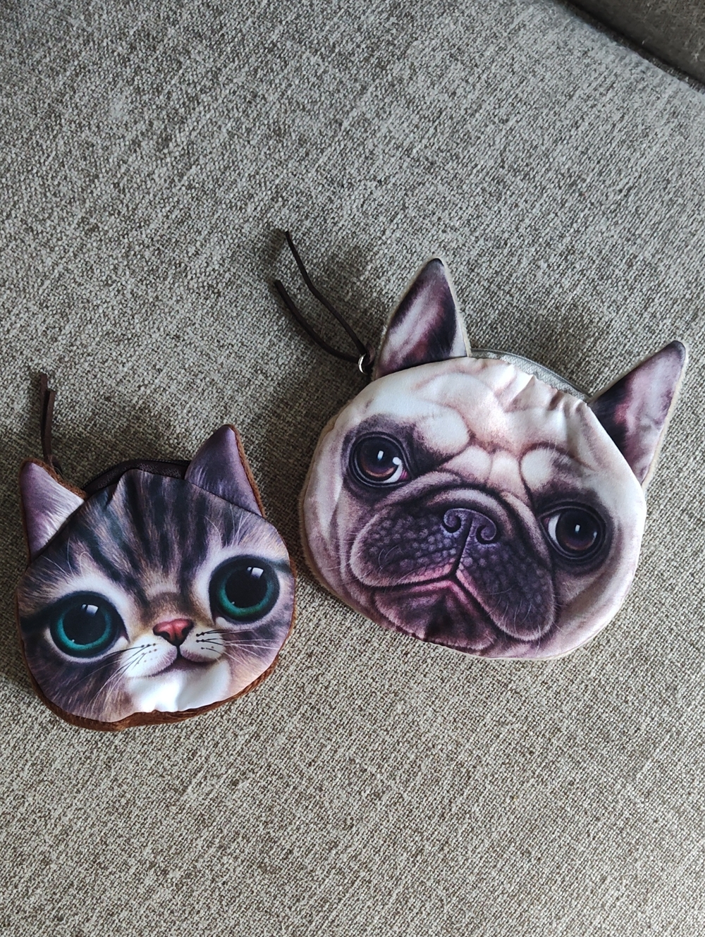 Bulldog And Cat Face Plush Zippered Purses For Your Cards, Makeup,Personal Items